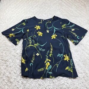 Ann Taylor Factory Dark Blue Blouse with Yellow Floral Design